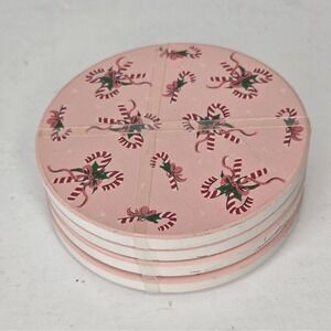 Pink Peppermint Candy Cane Ribbon Ceramic Christmas Coasters Set